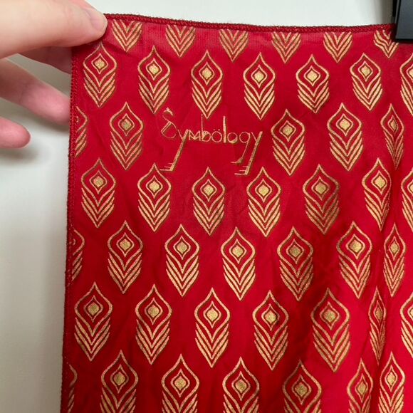 Symbology Red and Gold Feather Print Scarf - Picture 4 of 7